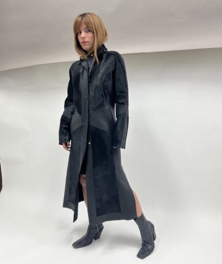 Genuine hair-on black leather coat, real cavallino transitional coat.Luxurious lightweight calf jacket with snaps and leather trims.