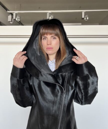 Genuine hair-on black leather coat, real cavallino transitional with hood.Unique and Luxurious lightweight calf jacket with zip closure.