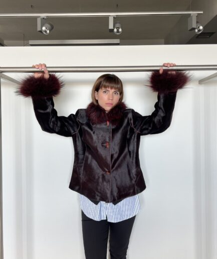 Genuine hair-on dark burgundy leather jacket with real raccoon fur details.Unique and Luxurious transitional lightweight calf hide jacket.