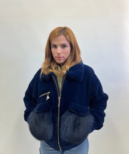 Real sheared rabbit fur bomber with fox details jacket. Lavish rabbit with pockets and zip closure. Affordable luxury fur gift in a budget.