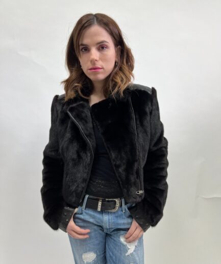 Real mink fur collared short Black Copenhagen fur jacket with leather details. Supple mink biker full skin fur. Affordable luxury fur gift.