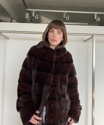 Real Burgundy mink fur coat in Saga fur quality, lavish and edgy stand up collar mink coat. Affordable luxury fur gift for women.