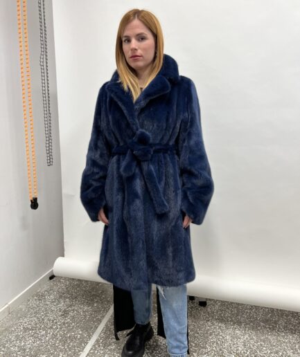 Real navy blue mink premium lavish mink fur collared coat with belt and slit on hem. Saga fur let out straight line stroller.Fur in a budget