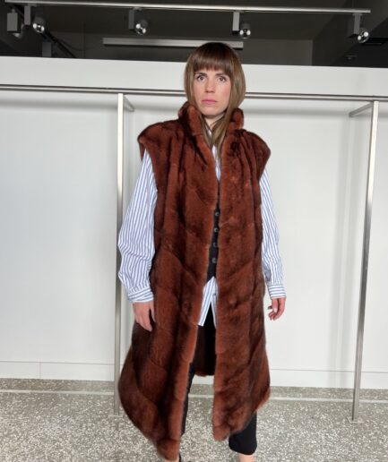 Real copper mink fur vest in diagonal jacket made from lavish brown Saga mink fur. Stylish and unique colored mink fur.Luxury fur gift.