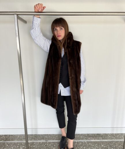 Real brown mink fur vest in straight line made from lavish brown Saga mink fur. Demi buff practical fur jacket.Luxury fur gift.