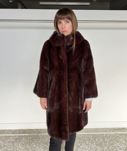 Real Burgundy let out mink fur coat in Saga fur quality, lavish and edgy stand up collar mink coat. Affordable luxury fur gift for women.