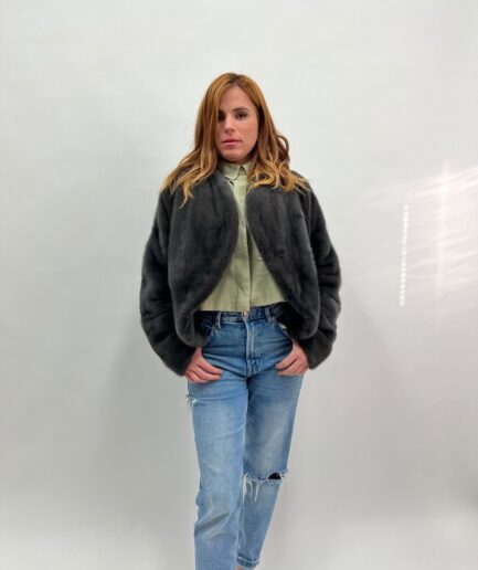Real graphite fur mink short collarless bolero. Stylish and modern gray jacket. Lightweight and edgy gun metal mink Luxury fur gift