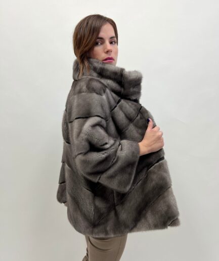 Real blue iris mink fur coat diagonal with black sheared fur stripe.Stunning grey mink fur pelt coat. Affordable Luxury gift for her.