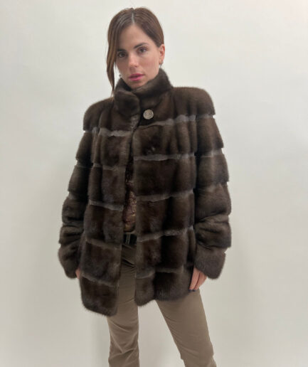 Real brownish mink Saga fur horizontal coat with sheared fur supple mink fur trim. Grayish full skin affordable fur jacket.Luxury fur gift.