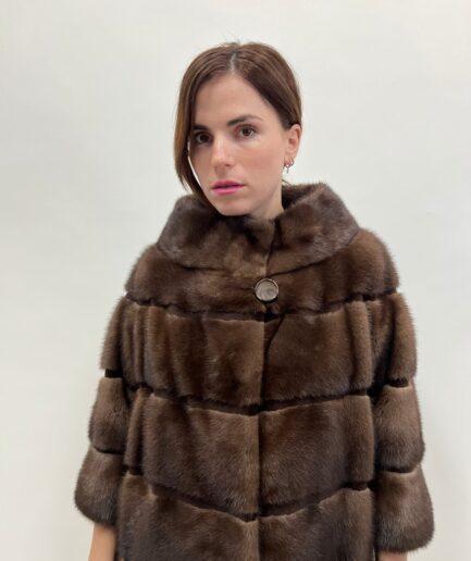 Real brown mink Saga fur horizontal coat with sheared brown supple mink fur trim. Demi buff full skin affordable fur jacket.Luxury fur gift.