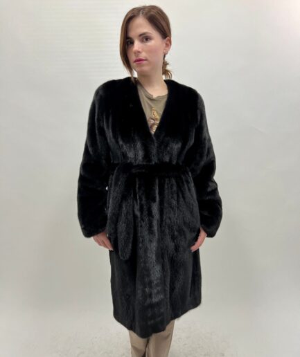 Real black velvet mink let out robe fur minimal coat, Saga supple male pelts assured with collar and belt .Affordable luxury gift for her.