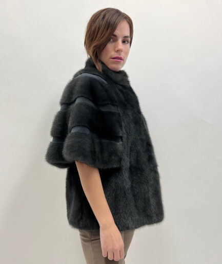 Real midnight blue mink fur cape style jacket with sheared mink fur details.Saga furs. Modern and affordable mink fur luxury gift for her.