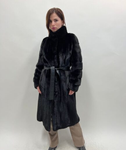 Real black velvet mink let out straight line fur coat, Nafa supple male pelts with collar and leather belt.Affordable luxury gift for her.