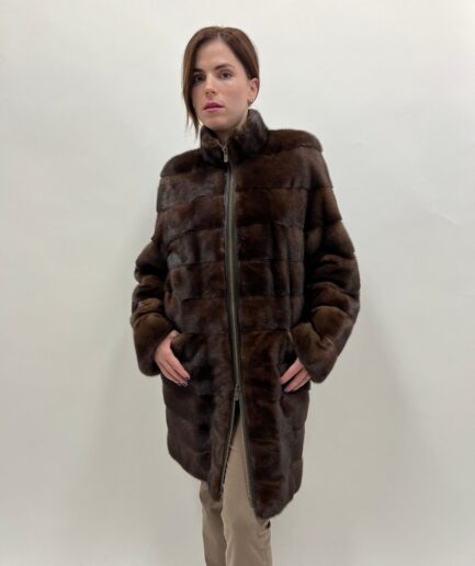 Real brown mink horizontal zipped fur coat, Saga supple male pelts long modern coat with stand up collar.Affordable luxury gift for her.
