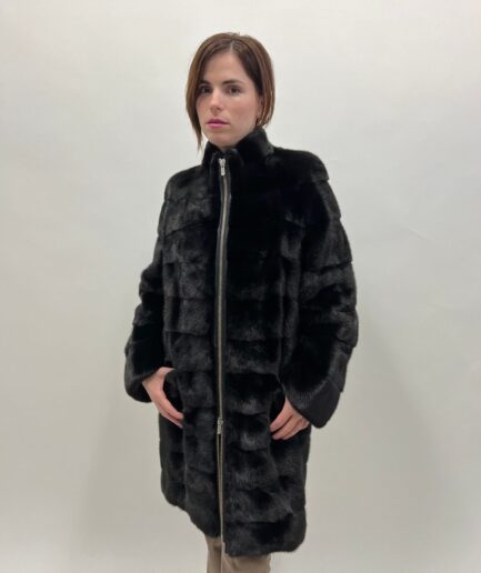 Real black mink horizontal zipped fur coat, Saga supple male pelts long modern coat with stand up collar.Affordable luxury gift for her.