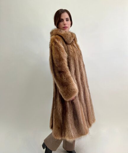 Real crystal raccoon fur coat with big collar, natural tan brown full length godet ,camel super warm supple and affordable luxury fur gift
