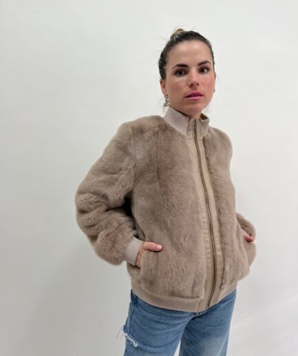 Real taupe fur mink bomber with knit and leather . Stylish and fresh mink fur jacket. Lightweight and extremely warm mink Luxury fur gift.