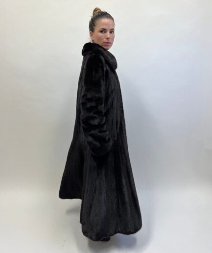 Real black let out godet mink superior fur long coat in supple male pelts with fur hooks closure. Stunning Luxury gift for her.