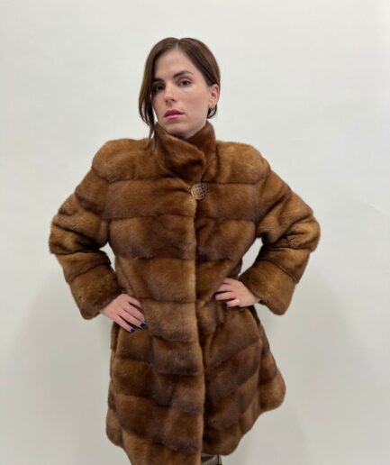 Real golden mink fur horizontal coat,Saga lavish supple mink fur coat warm and practical with drawstring full skin jacket.Luxury fur gift.
