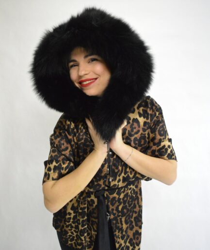 Real black fox fur hood, huge fluffy fur hood accessory. Stylish fur hood with drawstring. Genuine fox fur pelt collar. Winter warm hood.