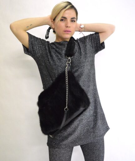 Real black mink fur slouchy shoulder bag with leather details and metal chain. Luxury fur gift mink fur crossbody. Beautiful mink accessory