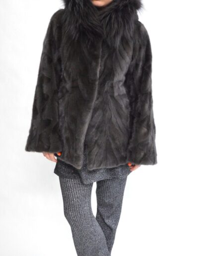 Real black fur mink fur coat with hooded fox trim. Genuine greyish fur jacket. Unique supple vison fur stroller .Luxury fur gift for women.