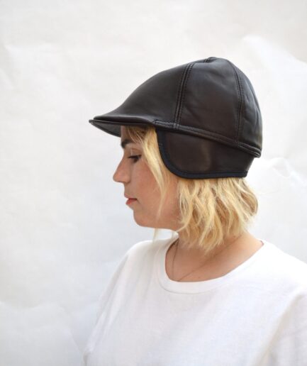 Real leather Equestrian riding cap with ears flaps and velour lining inside. Cloche hat, sophisticated bomb leather hat. Genuine cowhide