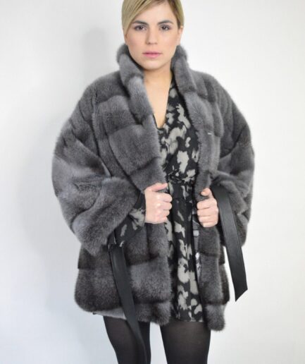 Real gray mink fur coat kimono, black cross dyed mink fur stroller, stunning full skin mink pelts with leather belt. Luxury gift for her.