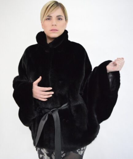 Real velvet mink fur cape, superior black mink fur stroller, fabulous poncho with leather belt, Nafa full skin fur. Luxury fur gift.
