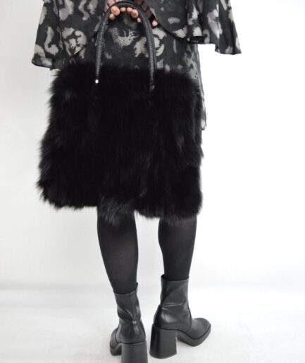 Real fox fur black bag, genuine practical leather handbag, fluffy and soft fox and rabbit fur portfolio shoulder bag, luxury gift for her.