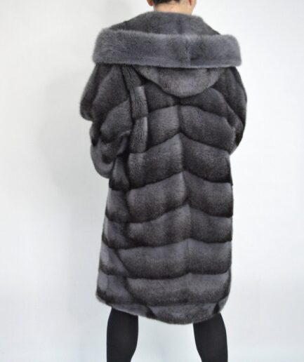 Real gray mink fur coat kimono, black cross dyed mink fur hooded stroller, stunning full skin mink pelts with leather belt. Luxury gift.