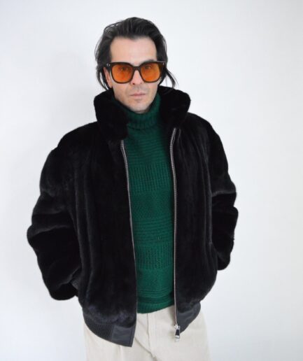 Real Premium Velvet black mink bomber for Men. Stylish and fresh fur jacket with leather details and zipper. Luxury fur gift for Men.