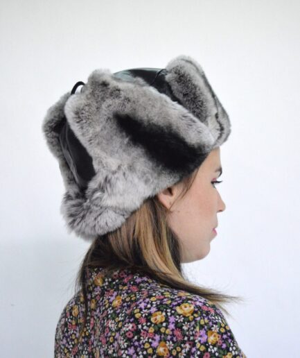 Real trapper leather and rabbit fur hat, aviator style fur hat, genuine soft fur hat in brown or dyed rabbit chinch look fur hat.