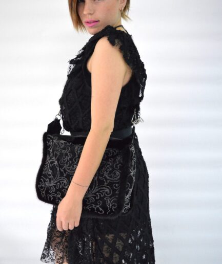 Real black embroidery rabbit and mink trim fur slouchy shoulder bag with leather details and metal chain. Luxury fur gift mink fur crossbody