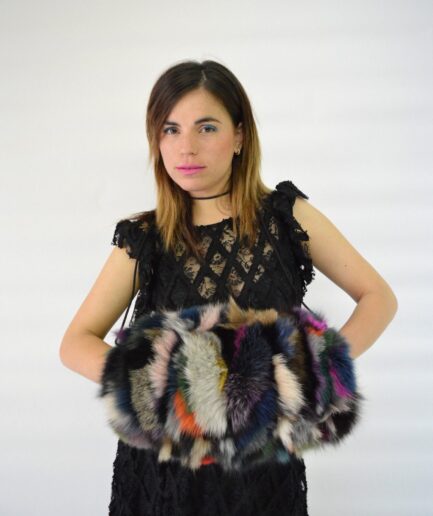 Real fox fur hand muff with string and small zipped pocket.Hand Warmer in stylish multicoloured fox fur. Real fur bag, luxury fur gift.