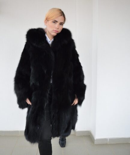 Real black fox fur hooded coat. Winter fur stroller in genuine supple fox fur pelt, super warm and fluffy luxury fur gift for women.