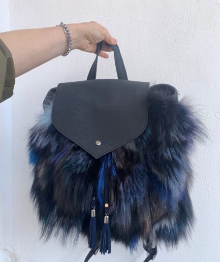Real leather fox fur backpack, real fox fur school bag,leather rucksack, laptop bag, fox fur bag, portfolio shoulder bag, woman leather bag.