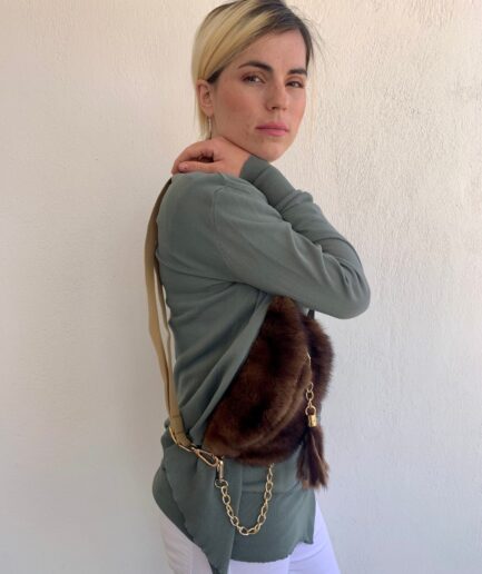 Real mink fur bumbag in tan brown with chain and zipper, wearable on waist, back or shoulder. Soft and lined fanny mink fur bag. Luxury gift