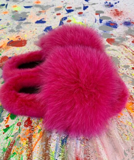 Real Fur Slides in black or fuchsia fox and mink rubber Fur slippon, supple mink fur flip flop sandals, luxury fur gift.