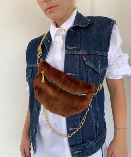 Real sheared mink fur bumbag in cognac with chain, wearable on waist, back or shoulder. Soft and lined fanny mink fur bag. Luxury gift