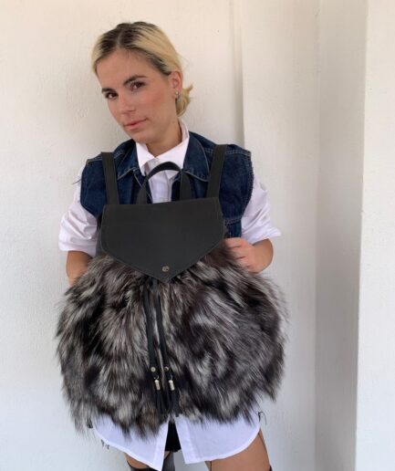 Real leather and silver fox fur backpack, real fox fur school bag,leather rucksack with adjustable straps and handle leather bag.