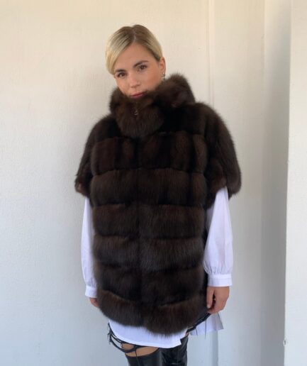 Real Sable Barguzinsky brown hooded jacket, leather trim with zipper and suede leather .Premium Russian sobol Luxury fur gift.