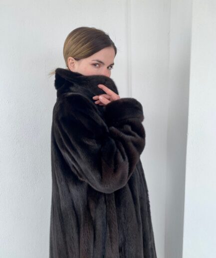 Real mahogany let out godet mink superior fur long coat in supple male pelts with fur hooks closure. Stunning Luxury gift for her.