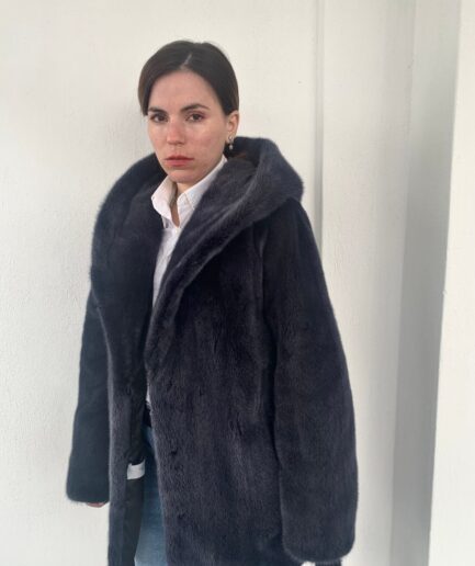 Real denim blue mink fur coat, hooded mink fur stroller with belt , stunning full skin lavish mink pelts . Luxury gift for her.