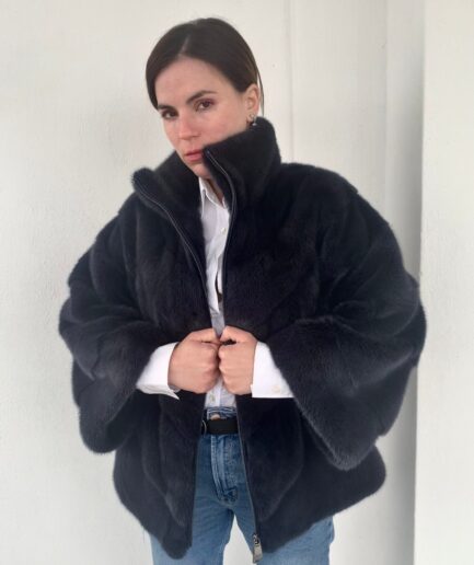 Real denim blue one size diagonal  mink superior fur short cape in supple male pelts, oversized fur jacket. Stunning Luxury gift for her.