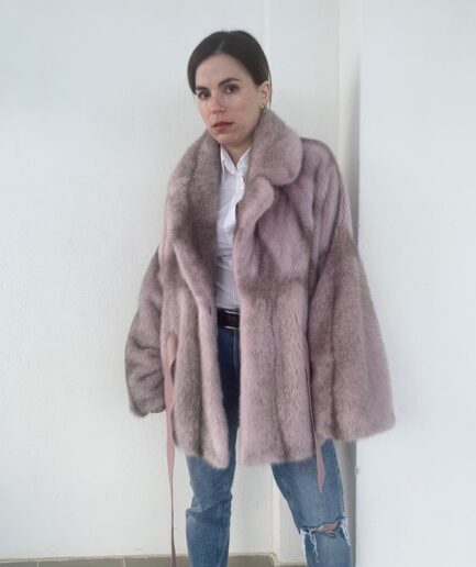 Real pink black cross mink fur cape in fabulous male mink skins with leather belt, supple and affordable luxury fur gift.