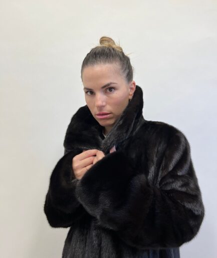 Real black let out godet mink superior fur long coat in supple male pelts with fur hooks closure. Stunning Luxury gift for her.