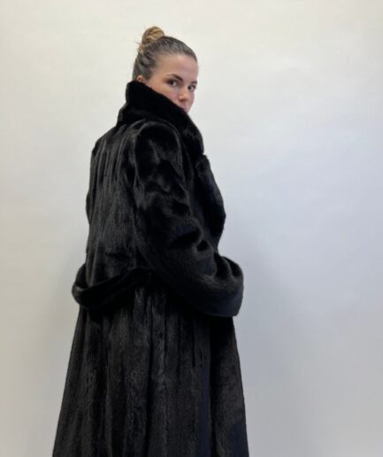 Real black let out mink superior fur long coat with belt in supple male pelts with fur hooks closure. Stunning Luxury gift for her.