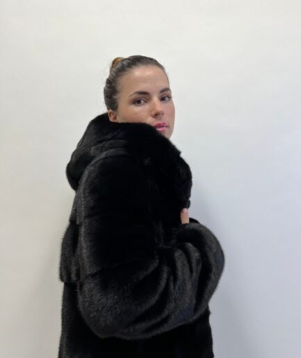 Real mink fur horizontal hooded coat, lavish black supple mink fur coat warm and practical full skin fur jacket.Luxury fur gift.