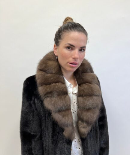 Real black let out mink superior fur long coat with sable collar supple male pelts with fur hooks closure. Stunning Luxury gift for her.